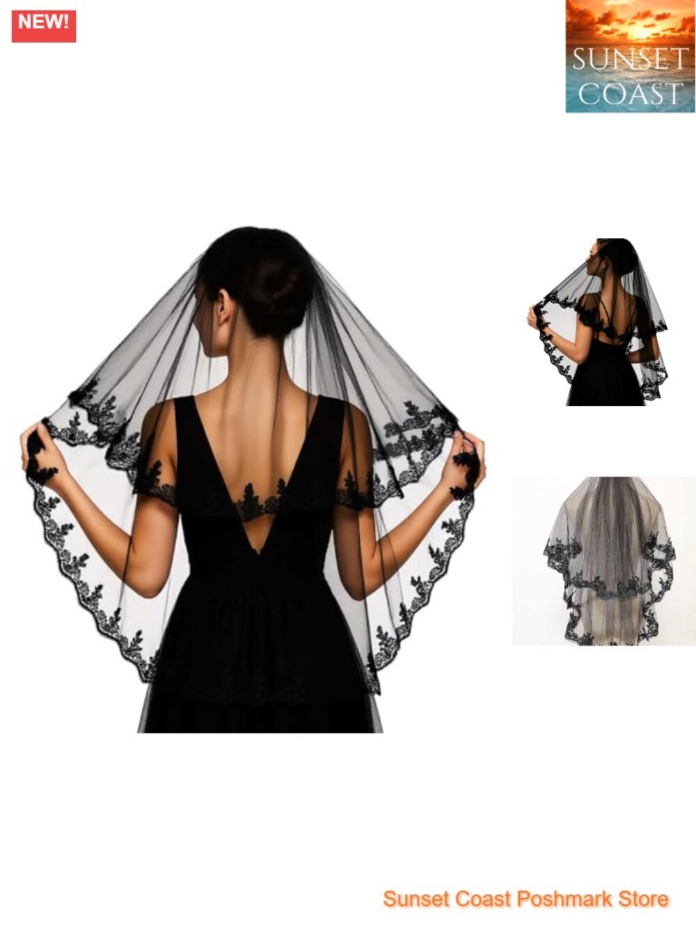 Lace Tulle Wedding Veil with Comb Fingertip Mourning Halloween Bridal Veil